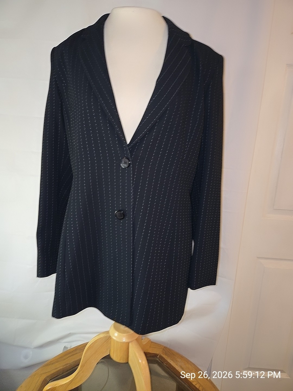 Classic Navy Pinstripe Longline Blazer - Women's Jacket